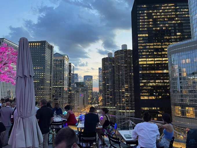 View from a rooftop on the evening skyline of Chicago.