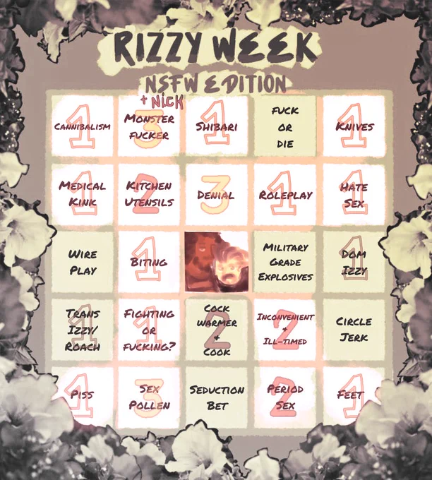 It's a Rizzy Week 2024 NSFW Bingo card; I have altered it, as I tend to do. The squares are as follows, with numbers for their respective works if filled.
Cannibalism (1), Monster Fucker (3), Shibari (1), Fuck or Die, Knives (1), Medical Kink (1), Kitchen Utensils (2), Denial (3), Roleplay (1), Hate Sex (1), Wire Play, Biting (1), [Nick made a Rizzy doodle to go in the free space], Military Grade Explosives, Dom Izzy (1), Trans Izzy/Roach (1), Fighting or Fucking? (1), Cock Warmer   Cook (2), Inconvenient   Ill-timed (2), Circle Jerk, Piss (1), Sex Pollen (3), Seduction Bet, Period Sex (2), and Feet 91).