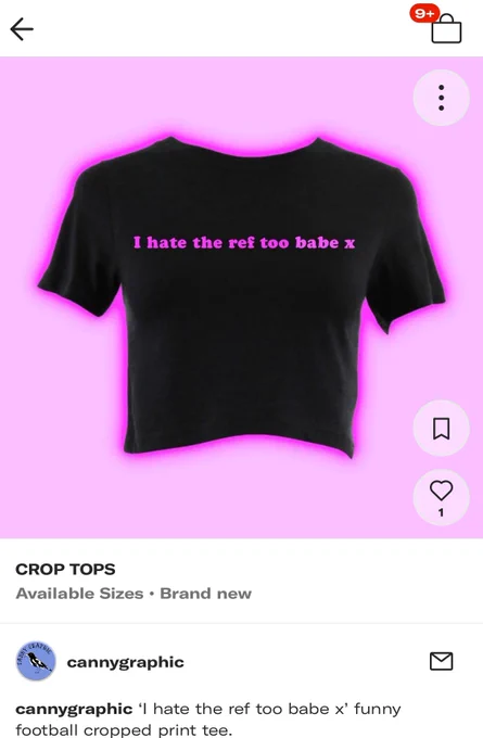 A screenshot of a Depop listing featuring a black tshirt with the words I hate the ref too babe