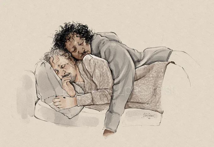 Sketch of Izzy and Roach, asleep on their sofa. Izzy's holding onto a grey pillow, Roach draped over him like a particularly warm and good smelling weighted blanket. 
Izzy's in a cream-grey knitted sweater and Roach in a grey hoodie.

They're getting rest. 