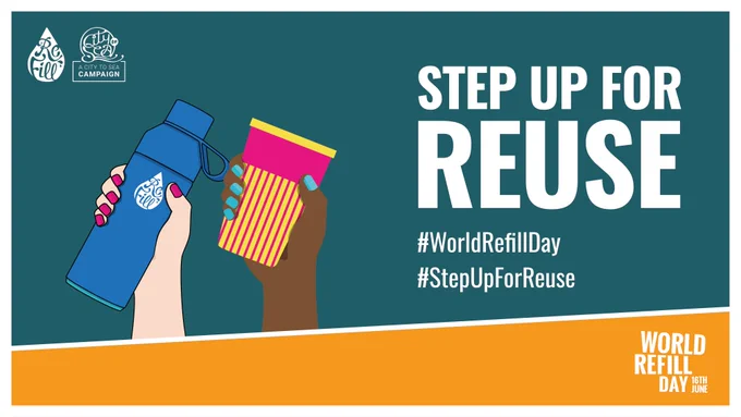 An illustrative graphic with two hands holding a reusable water bottle and coffee cup