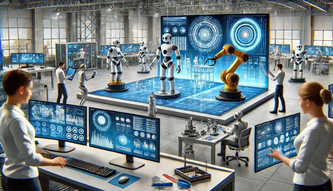A high-tech simulation platform being used to train robots on everyday tasks. The scene includes various robots interacting with simulated environments displayed on large screens. Engineers and researchers are monitoring the simulations, adjusting parameters, and analyzing performance data. The background features a modern laboratory setting with advanced technology and digital interfaces.