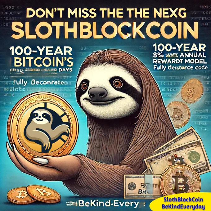 Many missed out on Bitcoin's early days because they didn't believe in its future value. Don't make the same mistake. SlothBlockCoin, fully decentralized and based on Bitcoin's open-source code, has a unique model decreasing by 8% annually for 100 years. Mining is very easy in the first year, and its future value is unlimited. #BeKindEveryday #SlothBlockcoin #Crypto #Blockchain #SlothBlock #Slothcoin #Bitcoin #Doge #Ethereum #BIT #Dogecoin #ETH #BNB #Sol

Note: Images created by AI, may not directly reflect text content.