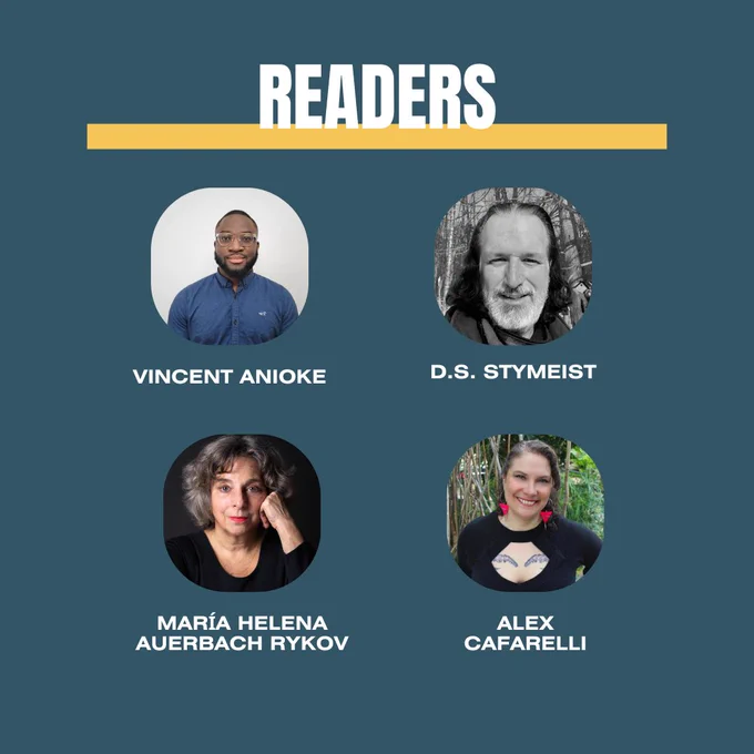 Readers Mary Rykov, Alex Cafarelli, D.S. Stymeist, Vincent Anioke