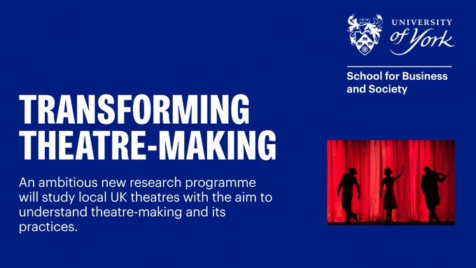 A stage with the silhouette of three performers against a red curtain backdrop. Text reads: Transforming theatre-making. An ambitious new research programme will study local UK theatres with the aim to understand theatre-making and its practices. 