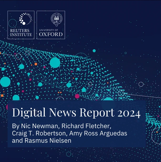 Digital News Report 2024. A card with authors Nic Newman, Richard Fletcher, Craig T. Robertson, Amy Ross Arguedas and Rasmus Nielsen