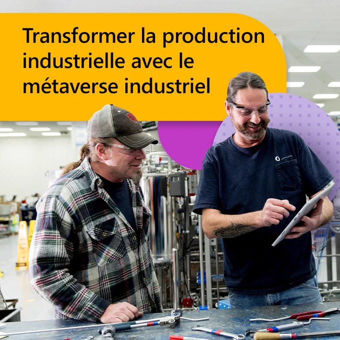 Le texte indique « Transformer la production industrielle avec le métaverse industriel ». Deux personnes travaillant dans une usine.