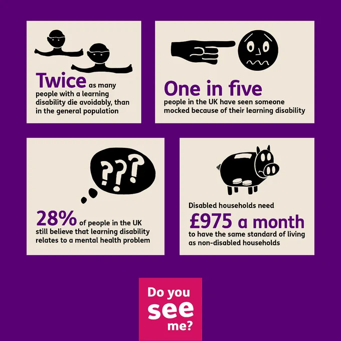 A purple graphic with four oatmeal coloured boxes on top. In each box there's a statistic relating to people with a learning disability. They read, twice as many people with a learning disability die avoidably than in the general population. One in five people in the UK have seen someone mocked because of their learning disability. 28% of people in the UK still believe that learning disability relates to a mental health problem. Disabled households need £975 a month to have the same standard of living as non-disabled households.