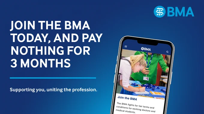 A blue graphic shows a phone, which is being used to join the BMA online. The caption says: "Join the BMA today, and pay nothing for 3 months."