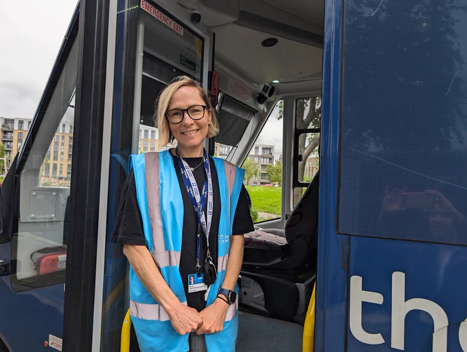 Photo of Gail, Health Champion, on the Health and Wellbeing Bus