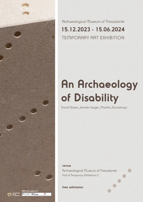 Poster for An Archaeology of Disability featuring a detail of a pattern of holes drilled into one of the stone seats and exhibition information for Thessaloniki.