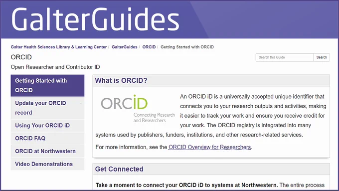 Computer screenshot of an online library guide for ORCID:Open Researcher and Contributor ID