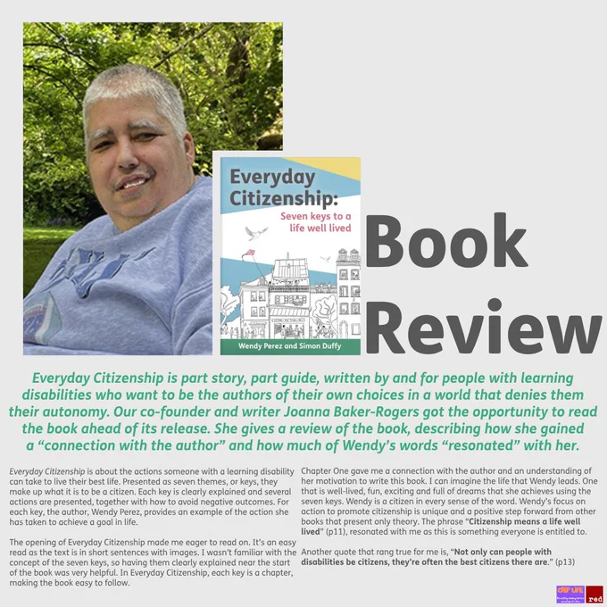 Graphic of Crip Life™’s review of ‘Everyday Citizenship: Seven keys to a life well lived’. A photo of Wendy Perez and her book, ‘Everyday Citizenship: Seven keys to a life well lived’, is in the left hand corner. To the right is the title ‘Book Review’. In the bottom right hand corner is the Red Press logo and the Crip Life™ logo.