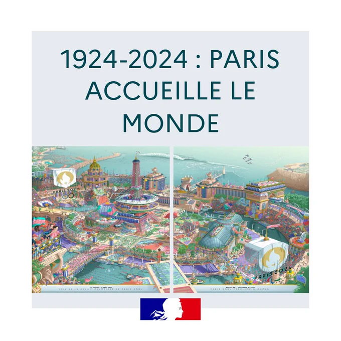 Visuel des affiches officielles des Jeux olympiques et paralympiques de Paris 2024, conçues par l’artiste français Ugo Gattoni, ont été dévoilées le 4 mars 2024 au musée d’Orsay. 
Cette œuvre met en lumière la diversité et la richesse du patrimoine culturel, ainsi que les différentes épreuves et les sites dédiés aux compétitions des Jeux olympiques et paralympiques . Les deux affiches (Jeux olympiques dans la partie gauche, Jeux paralympiques dans la partie droite) sont jointives pour n’en former qu’une seule. 
Source : Paris 2024