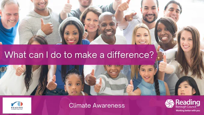 A large group of smiling people with their thumbs up with a banner across with the words 'What can I do to make a difference?'