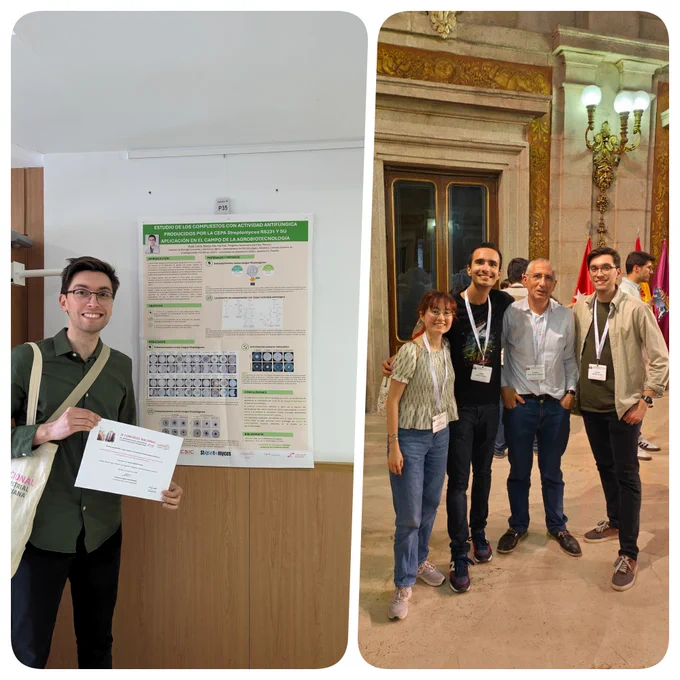 Collage de dos fotos. En la foto de la izquierda aparece Ramiro Morán con el diploma tras recibir el premio al mejor póster en la sección de biotecnología ambiental. En la foto de la derecha, aparecen los integrandel grupo de investigación que asistieron al congreso.