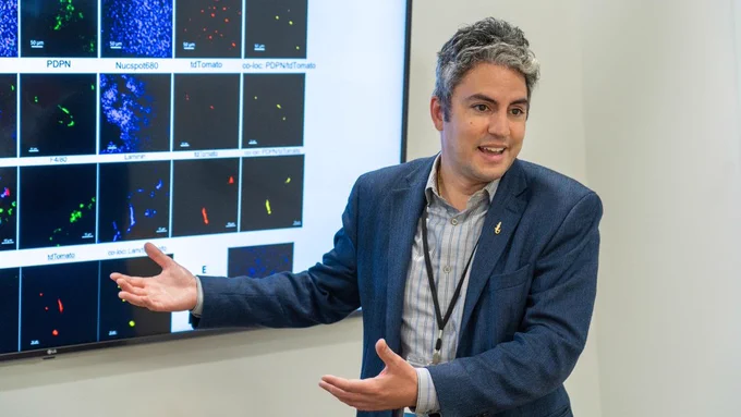 Dr. Elias Sayour showcases a research figure on a monitor.