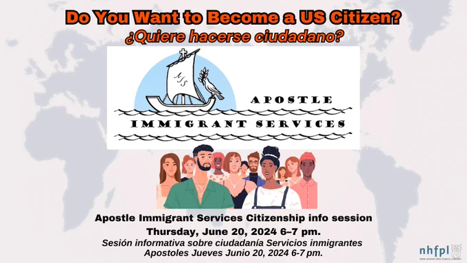 The English translation of the flier reads "Do you want to become a US Citizen?" Apostle Immigrant Services Citizenship Info Session Thursday, June 20, 2024 6-7pm." Below the text is an image of the Apostle Immigrant Services logo which is a wooden ship with a dove on top. 

La traducción al español del volante dice "¿Quiere convertirse en ciudadano estadounidense?" Sesión informativa sobre ciudadanía de Apostle Immigrant Services jueves 20 de junio de 2024 de 6 a 7-p. m.