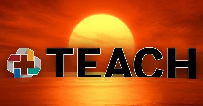 IU IPE's iconic TEACH logo descends into the ocean as a yellow/orange descends over the horizon. 