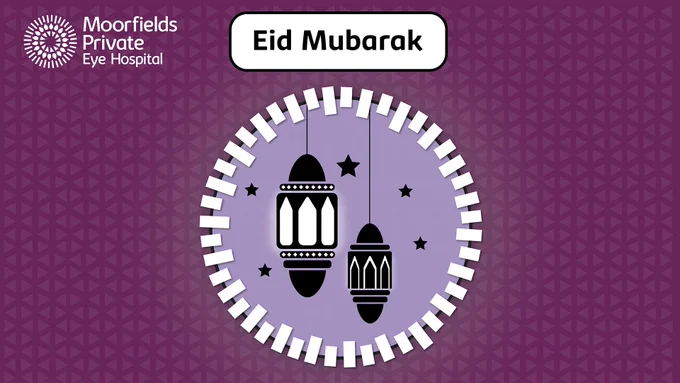 Graphic image of lanterns and stars within a circle, with Moorfields Private logo and the words Eid Mubarak.