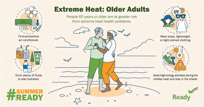 A light yellow infographic titled, "Extreme Heat: Older Adults. People 65 years or older are at greater risk from extreme heat health problems." Below are a couple dancing on a patch of sand, framed by the ocean, clouds and three seagulls in the distance. The tips read, "Find somewhere air conditioned. Drink plenty of fluids to stay hydrated. Wear loose, lightweight, or light-colored clothing. Avoid high-energy activities during the midday heat and stay in the shade."