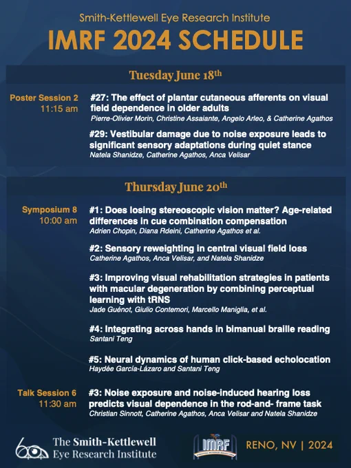Graphic listing the presentations by SKERI scientists, postdocs and engineers. On Tuesday June 18th at 11:15 am, there are 2 posters, one by Catherine Agathos' mentee Pierre-Olivier Morin, and another by Natela Shanidze and her lab. On Thursday June 20th, Adrien Chopin, Catherine Agathos, Jade Guénot, Santani Teng and Haydée García-Lázaro will present their work during Symposium 8 at 10 am. Additionally, Christian Sinnott will be giving a talk at 11:30 am