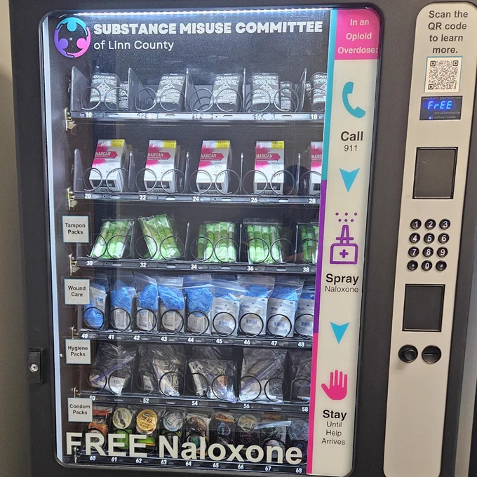 A photo of one of the Naloxone vending machines available in Linn County.