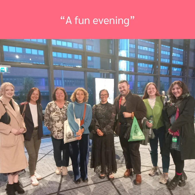 8 Volunteers stood smiling at Royal Northern College of Music and caption "A fun evening"