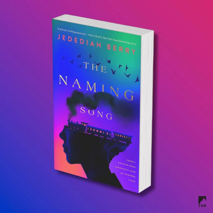 The Naming Song by Jedediah Berry is on a pink and blue background 