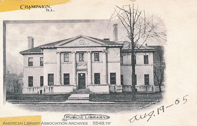 Black and white postcard of a library building.