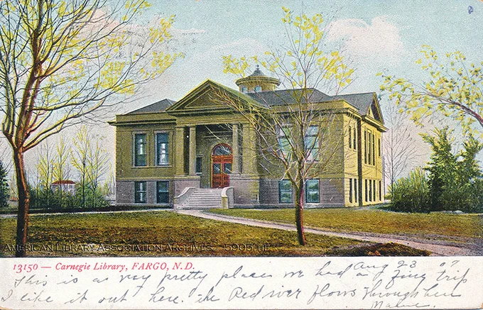 Color postcard of a library building.