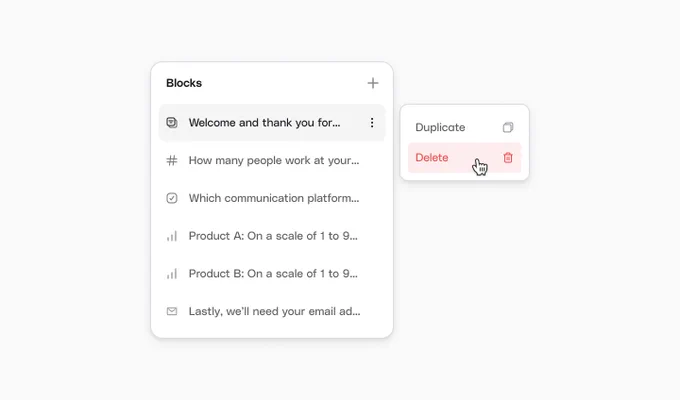 Blocks list with a corresponding options dropdown