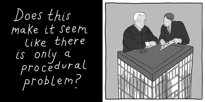 Text:“Does this argument focus too narrowly on the procedure, as if the repression would be acceptable if not for this procedural flaw?”

Two white men, a judge and a lawyer, are conferring over a document at the judge’s podium. The surface of the judge’s podium appears to be wood, but the podium is actually a cage full of incarcerated people.
