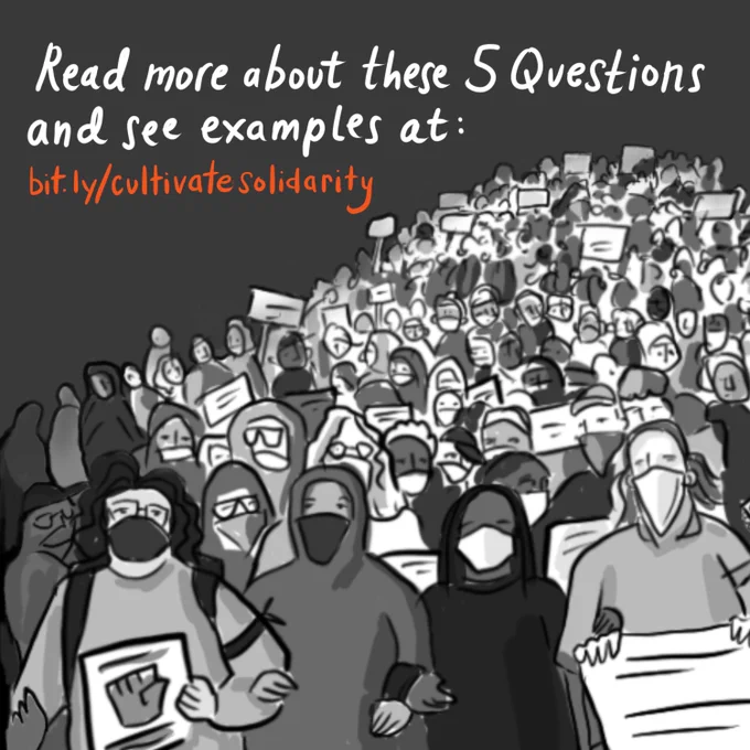 A huge crowd of protestors, with masks and signs. Above them, it says, “Read more about these 5 questions and see examples at: bit.ly/cultivatesolidarity”.
