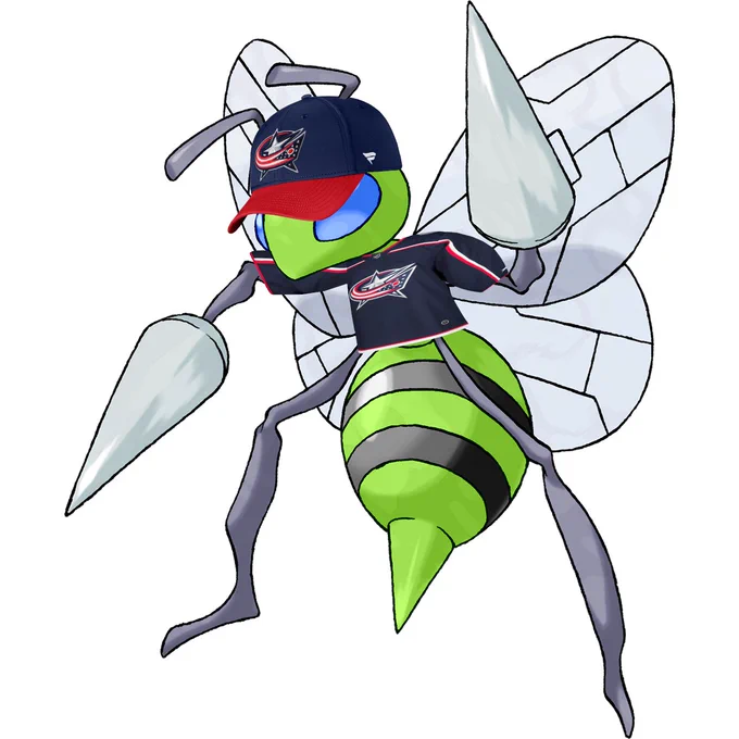 Shiny Beedrill wearing a Columbus Blue Jackets hat and jersey.