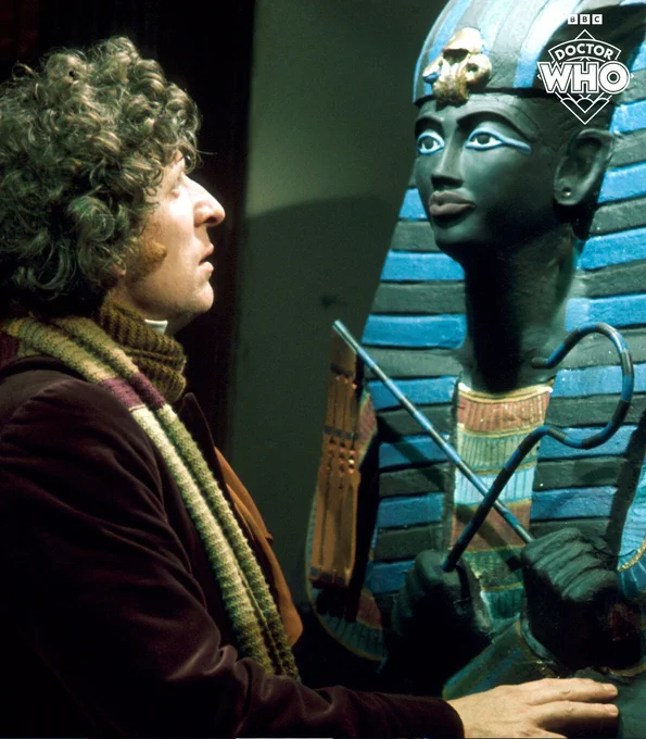 The Doctor (Tom Baker) investigates a sarcophagus in 'Pyramids of Mars'.