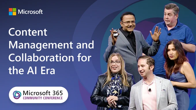 "Content Management and Collaboration for the AI Era" as presented at the Microsoft 365 Community Conference (April 30, 2024, Orlando, FL) with co-presenters: Zach Rosenfield, Melissa Torres, Lincoln DeMaris, Ashu Rawat, and Sesha Mani. Session abstract: Creating content in the era of AI provides you with multiple opportunities to unleash your creativity and simplify large scale content management. Expand your ability to enrich your content, get insights from your store of knowledge and transform document-driven solutions with experiences across Microsoft 365.