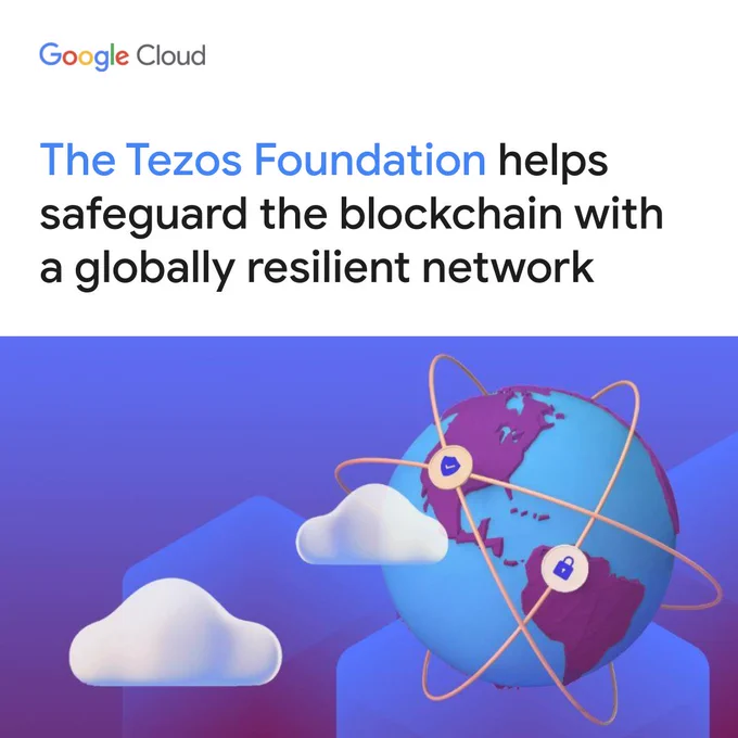 Abstract image with text: "The Tezos Foundation helps safeguard the blockchain with a globally resilient network"