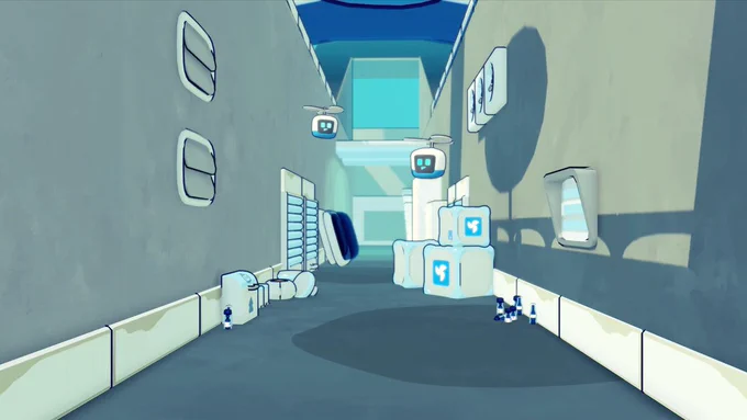 Two white and teal robots float in the air in the middle of an alleyway. They are small and square, and have propellers on their heads. There are white boxes with teal and white logos stacked in the alley, as well as trash. 