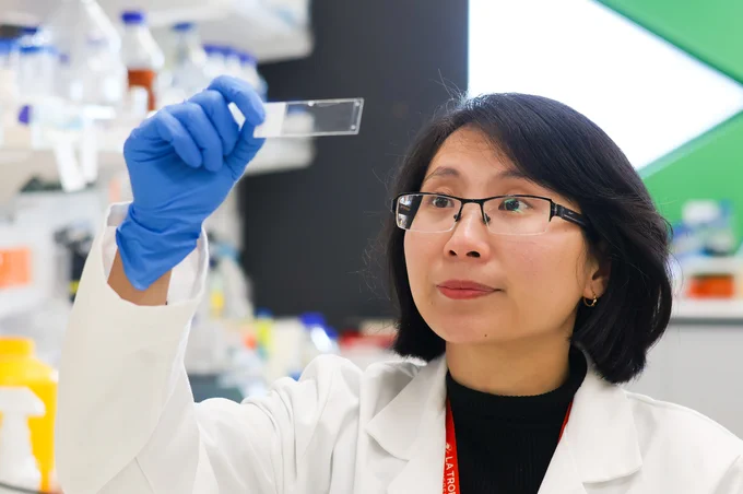 Dr Tien Nguyen (Hulett Group) holds up a slide to look at it in the light. She is standing in her lab at LIMS.