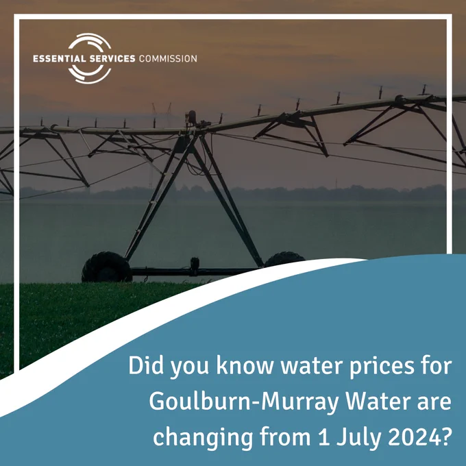 Image of pivot irrigation watering crops with accompanying text: Did you know water prices for Goulburn-Murray Water are changing from 1 July 2024?