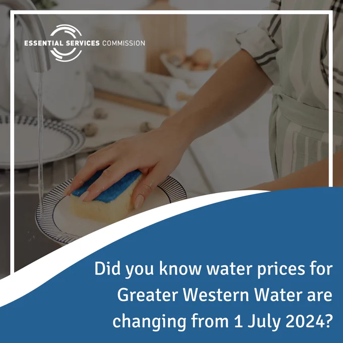 Image of person washing dishes with accompanying text: Did you know water prices for Greater Western Water are changing from 1 July 2024?