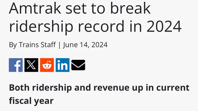 Headline: Amtrak set to break ridership record in 2024