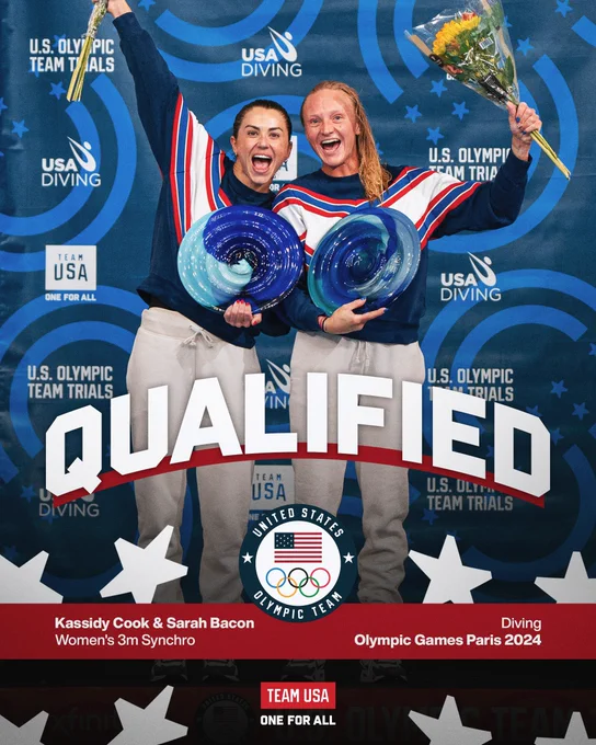 Kassidy Cook and Sarah Bacon holding flowers after qualifying for the 2024 Olympic Games in Diving, Women's 3m Synchro.