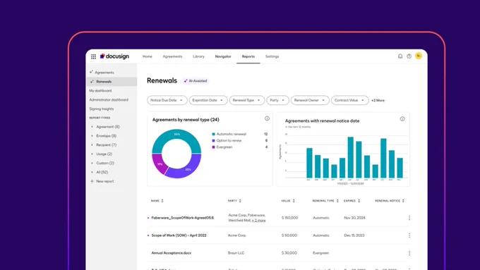 Oberfläche der neuen KI-SaaS-Vertragsmanagementlösung Docusign IAM