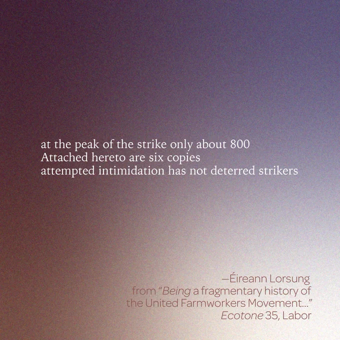 “at the peak of the strike only about 800 

Attached hereto are six copies 

attempted intimidation has not deterred strikers” 

--Éireann Lorsung 

from “Being a fragmentary history of the United Farmworkers Movement…” 

Ecotone 35, Labor 