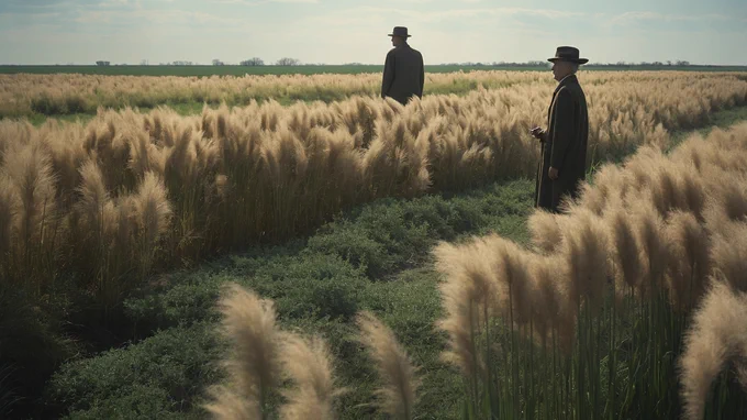 Two men in long coats and hats walk through tall, golden fields of grass. The landscape is serene and expansive, with a clear sky overhead. The men, shown from various angles, create a sense of quiet exploration and reflection in a pastoral setting.