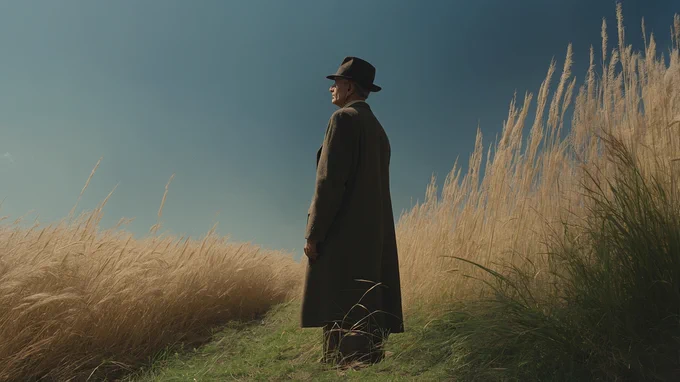 Two men in long coats and hats walk through tall, golden fields of grass. The landscape is serene and expansive, with a clear sky overhead. The men, shown from various angles, create a sense of quiet exploration and reflection in a pastoral setting.