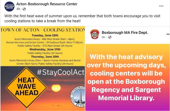 COOLING station graphics for Acton & Boxborough Cooling options for the heat wave & advisory. Local Acton & Boxborough Libraries & Acton Public Safety Building Tues thru Thurs June 18-20. Stay COOL & check on your neighbors! 