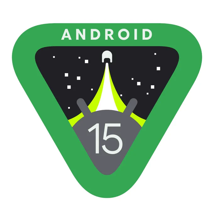 Upside down green triangle with the words Android at the top of the triangle. There is a grey Android head with the numbers 15 at the bottom point of the triangle. The droid is looking out into space and at a light green road.